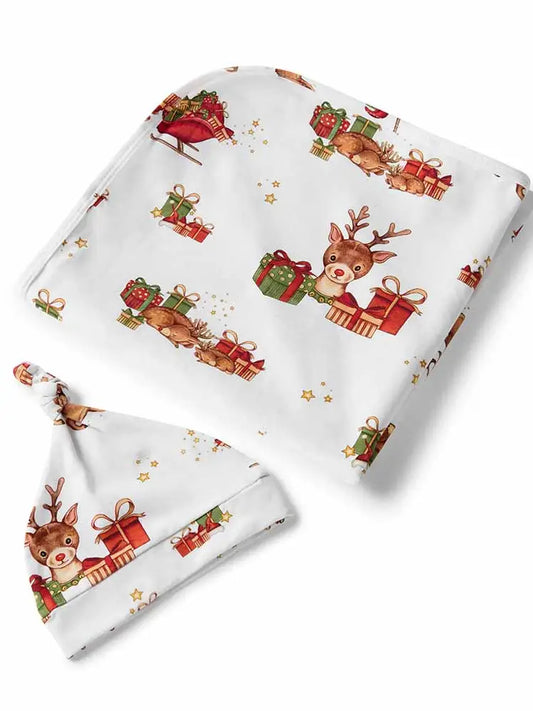 Snuggle Hunny Reindeer Organic Jersey Wrap & Beanie Set + Milestone Card
