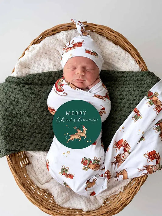 Snuggle Hunny Reindeer Organic Jersey Wrap & Beanie Set + Milestone Card